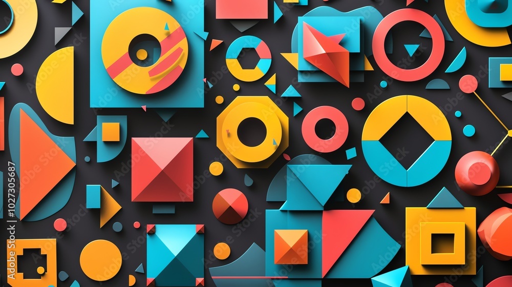 Poster a colorful abstract geometric pattern of circles, squares, triangles and pyramids on a black backgro