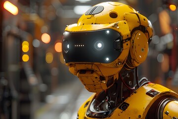 Futuristic Yellow AI Robot with Headset in Industrial Setting for Technology Concepts