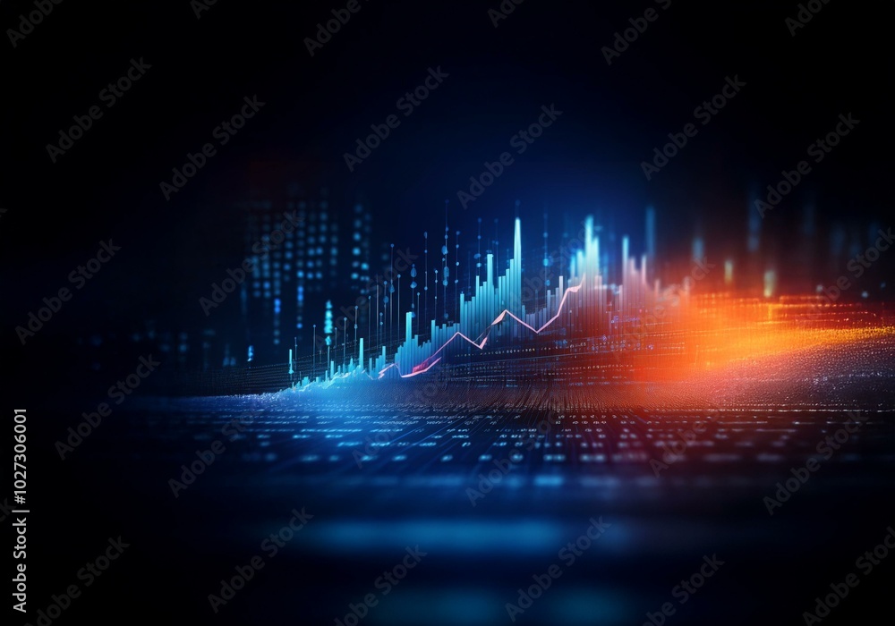 Poster abstract blue and red data visualization on a black background.