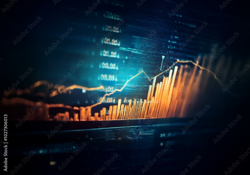 Poster Close-up view of a computer screen displaying a financial chart. The screen shows a line graph and bar charts.  The bars are orange and the line is yellow, while the background is a dark blue.