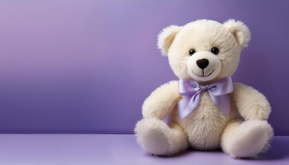 Obraz premium Soft White Brown Black Teddy Bear with Lavender Ribbon on Pastel Background. Ideal for Child's Gift, Nursery Decor, or Promotional Material for Plush Toy Companies