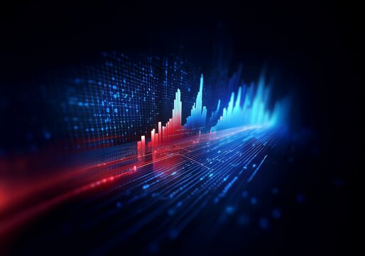 Abstract digital background with a glowing blue and red graph on a dark background.