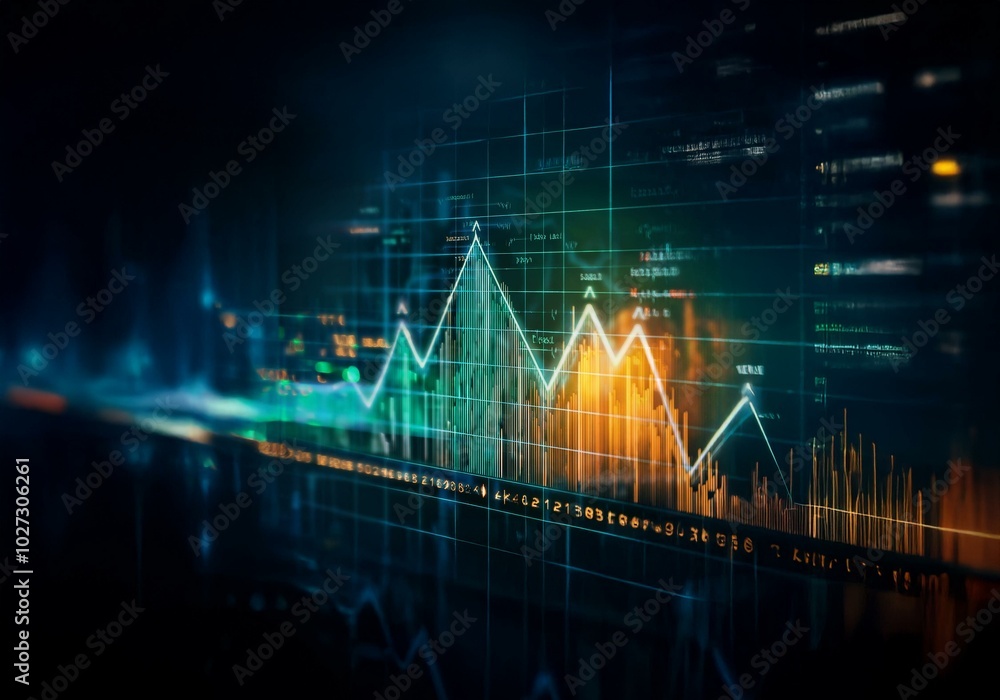 Leinwandbilder a dark blue background with an orange and teal upward trending graph displayed in a grid pattern.