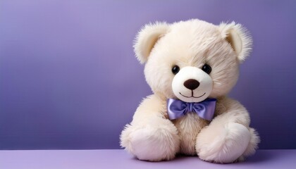 Soft White Brown Black Teddy Bear with Lavender Ribbon on Pastel Background. Ideal for Child's Gift, Nursery Decor, or Promotional Material for Plush Toy Companies