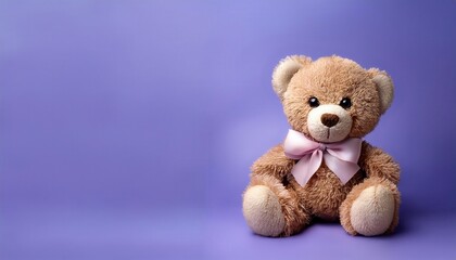 Obraz premium Soft White Brown Black Teddy Bear with Lavender Ribbon on Pastel Background. Ideal for Child's Gift, Nursery Decor, or Promotional Material for Plush Toy Companies