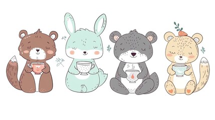 A cartoon illustration of four animals drinking tea.
