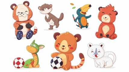 Obraz premium A set of cartoon animals: a bear, an otter, a toucan, a bear, a dragon, a bear, and a polar bear.