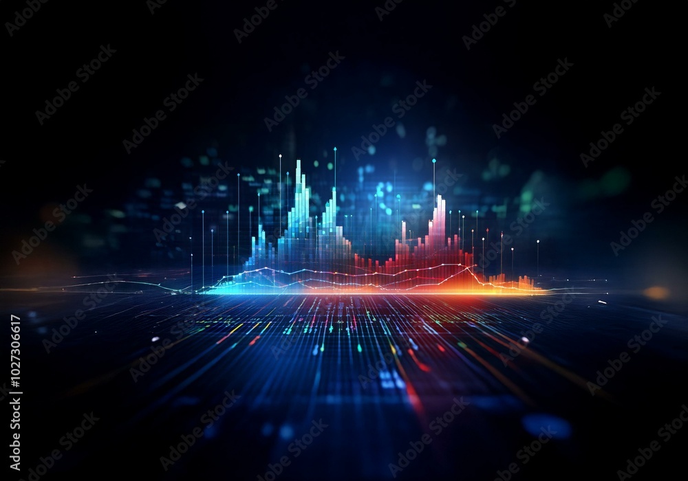 Poster Abstract graphic of a blue and red digital data visualization with a dark background.