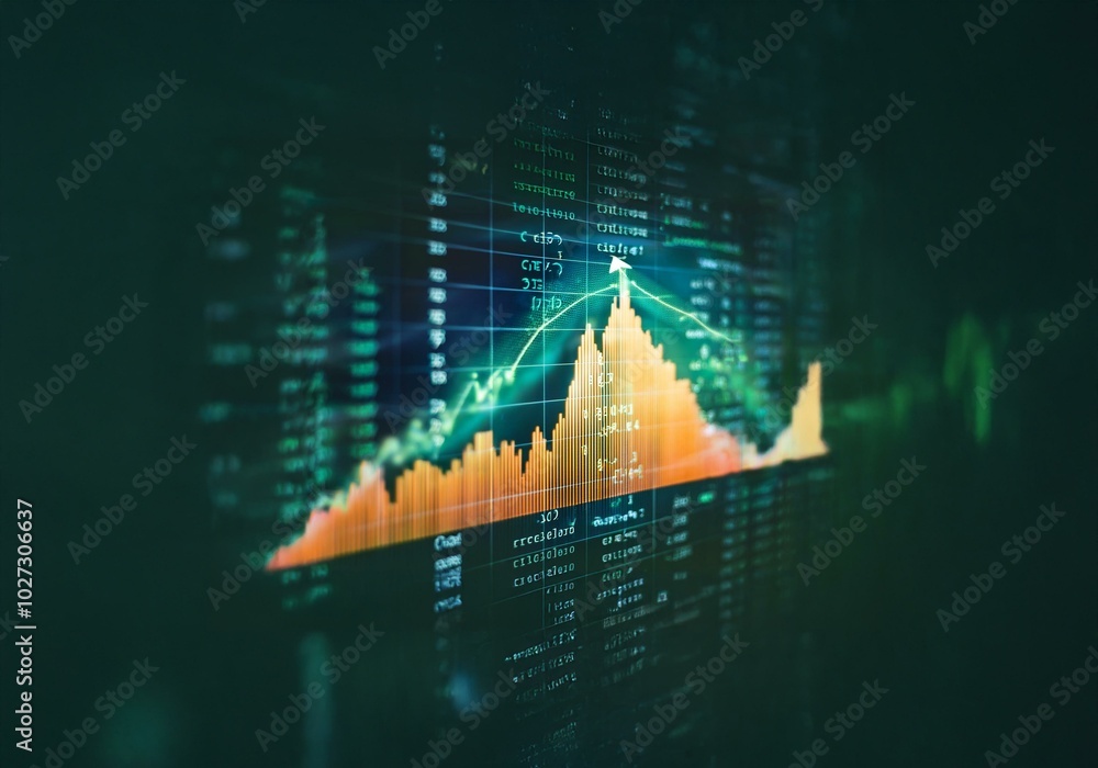 Poster a computer screen displaying an orange and green graph line showing upward growth.
