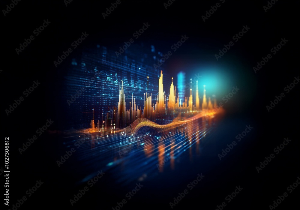 Poster abstract digital cityscape with glowing lines and data.