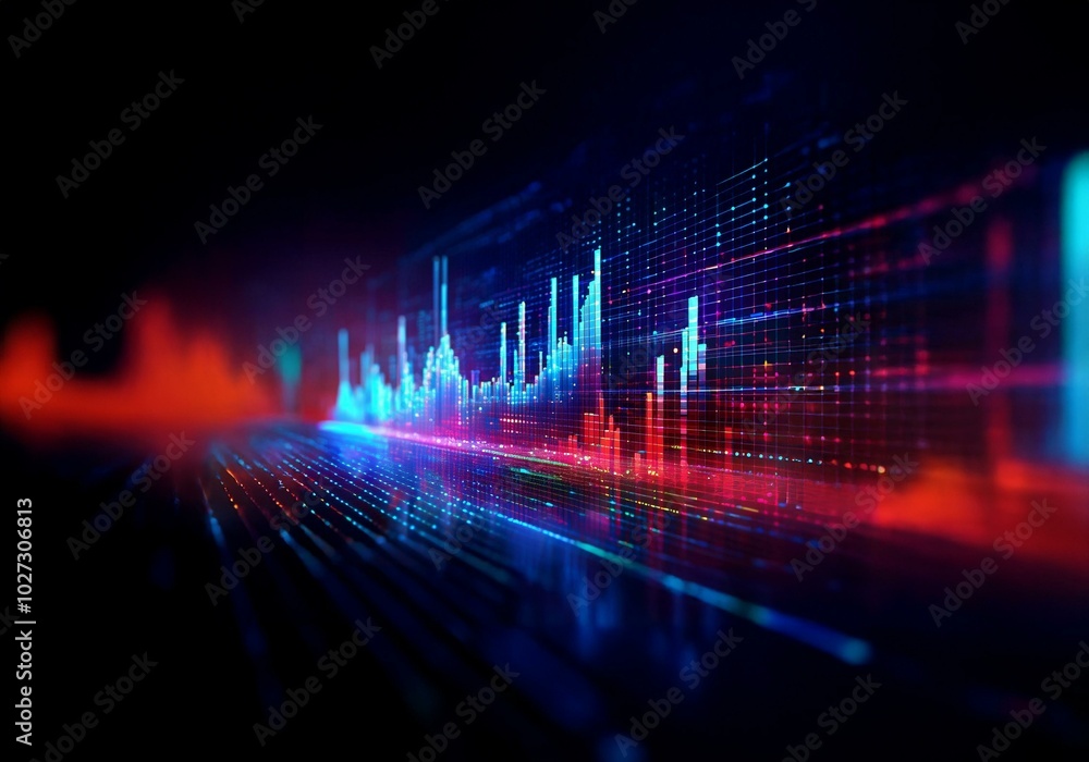 Poster a neon grid displaying a digital graph with red and blue highlights on a black background.