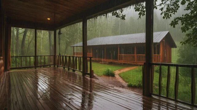 Rainy day on a scenic wooden porch overlooking a misty green valley in the mountains
