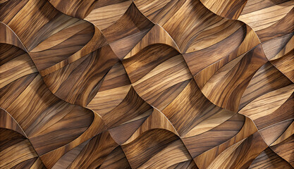 High-resolution 3D background of an interlocking wood panel design, showcasing the rich grain of walnut and oak