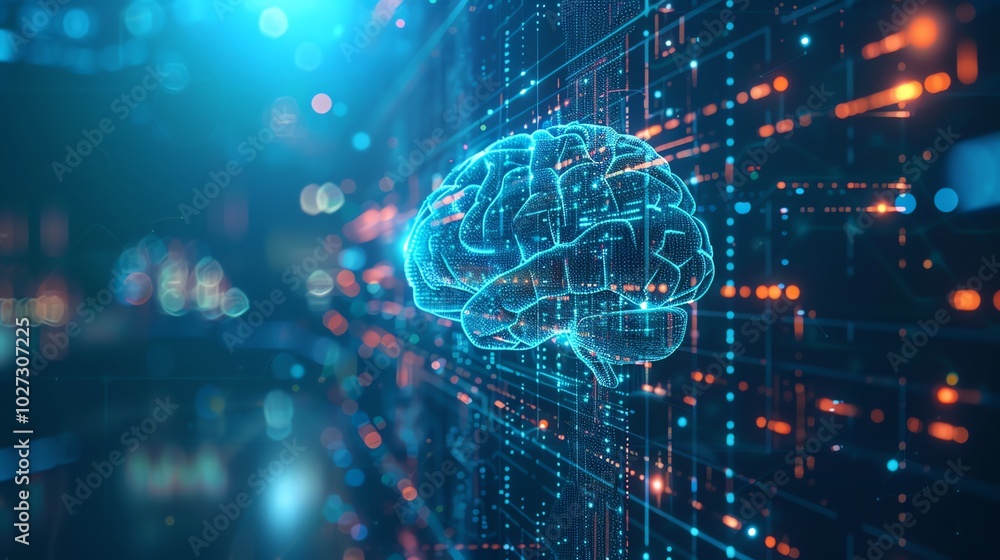 Poster a digital rendering of a brain with glowing blue lines and dots on a dark blue background.