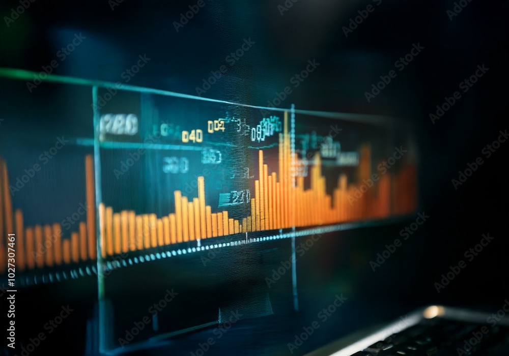 Aufkleber a close-up of a computer screen displaying a financial chart with orange bars and green lines agains