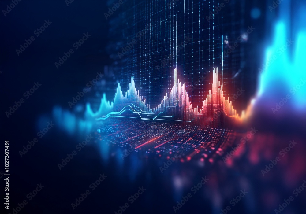 Poster Abstract digital background with glowing blue and red lines on a dark background.