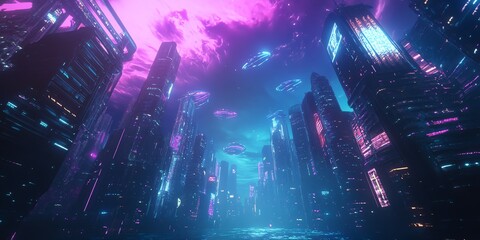 Low-angle view of a vibrant underwater city, surreal lighting illuminates utopian structures, ethereal atmosphere, dreamlike scene