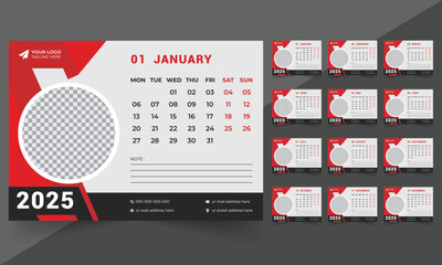 Desk calender template design. 12 mo,ths diary planner for 2025. Months starts monday