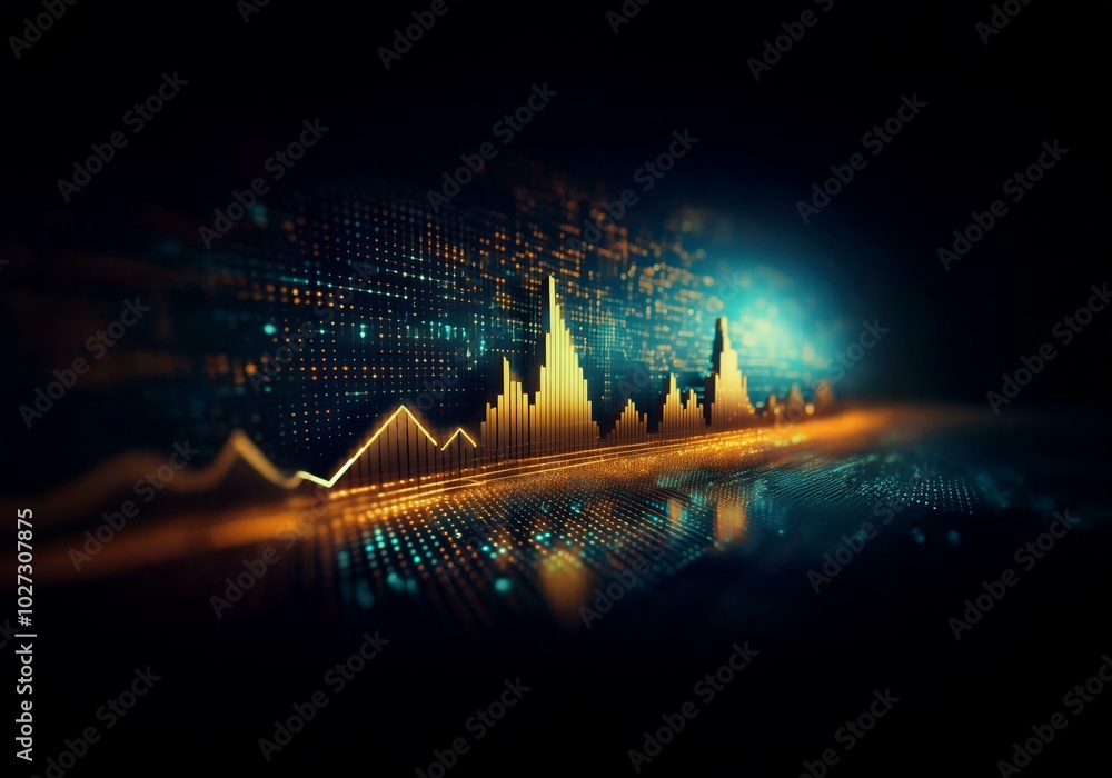 Aufkleber a glowing golden line graph with bars rises above a dark background of glowing blue and orange dots.