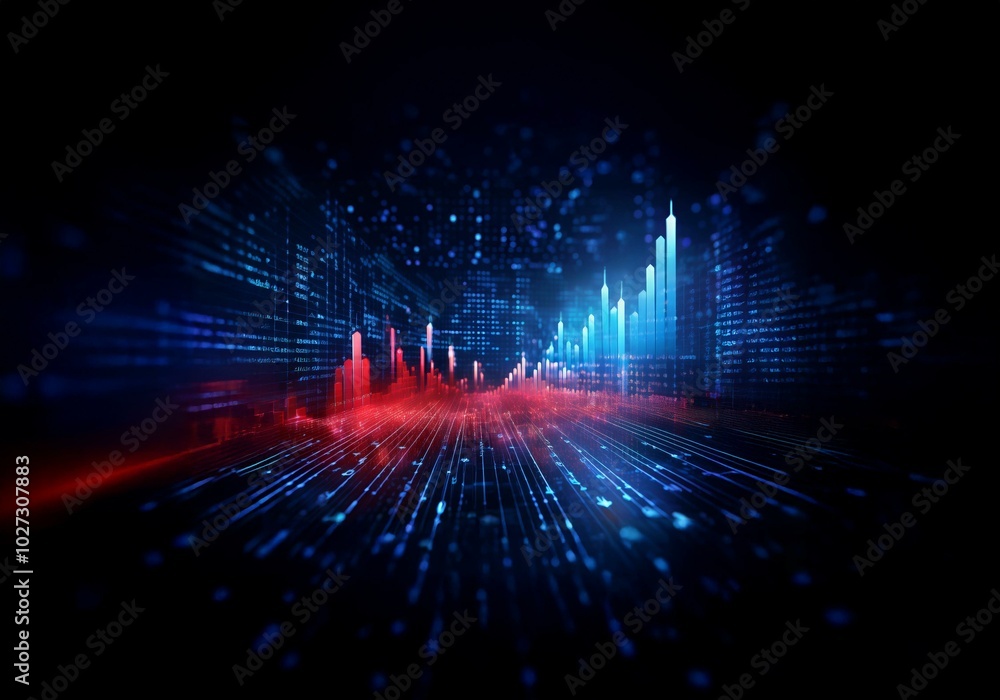 Poster abstract digital cityscape with red and blue glowing lines and towers.