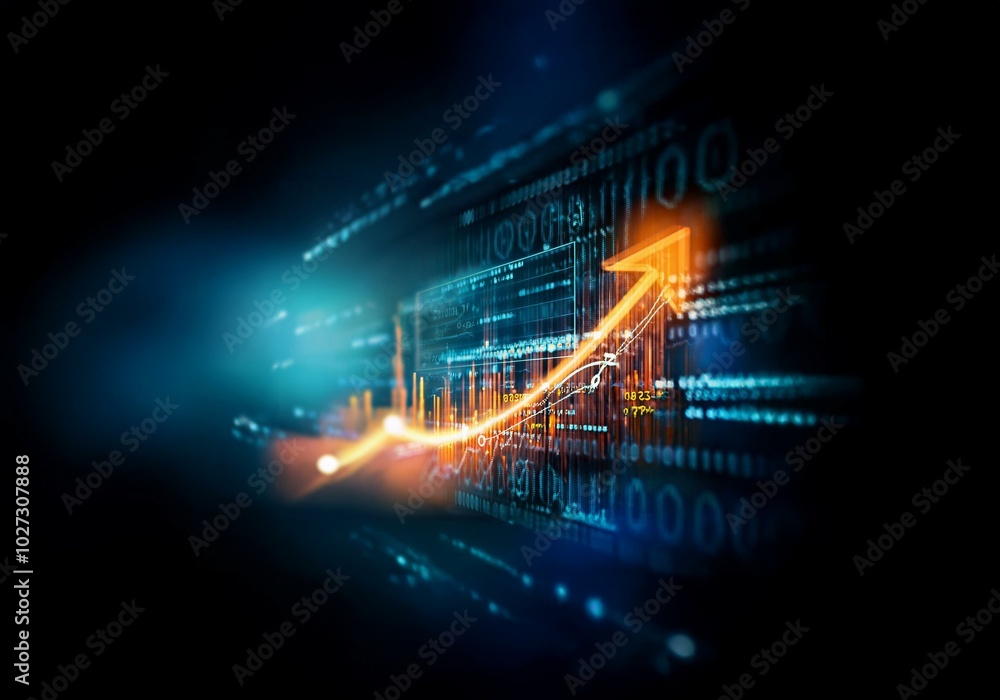 Poster a glowing orange arrow pointing upward over a screen with blue and orange data charts.