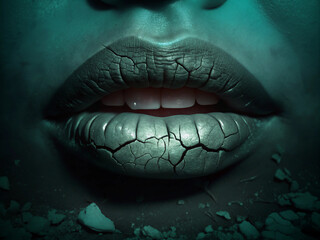 Obraz premium Chapped lips: Close-up of lips with cracked skin against a dark green and teal background, creating a mysterious atmosphere in horror style