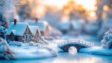 Maisons au bord d'un ruisseau gelé sous un pont enneigé
