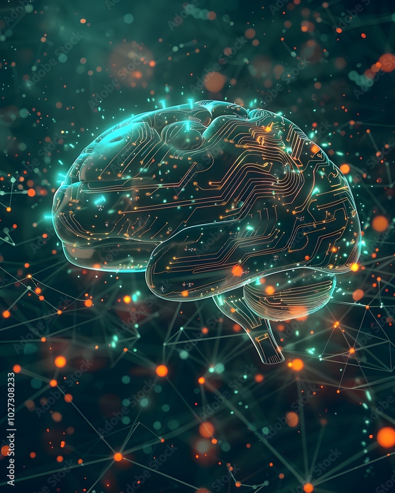 Poster glowing neural circuits brain symbolizing technology and intelligence with human cognition