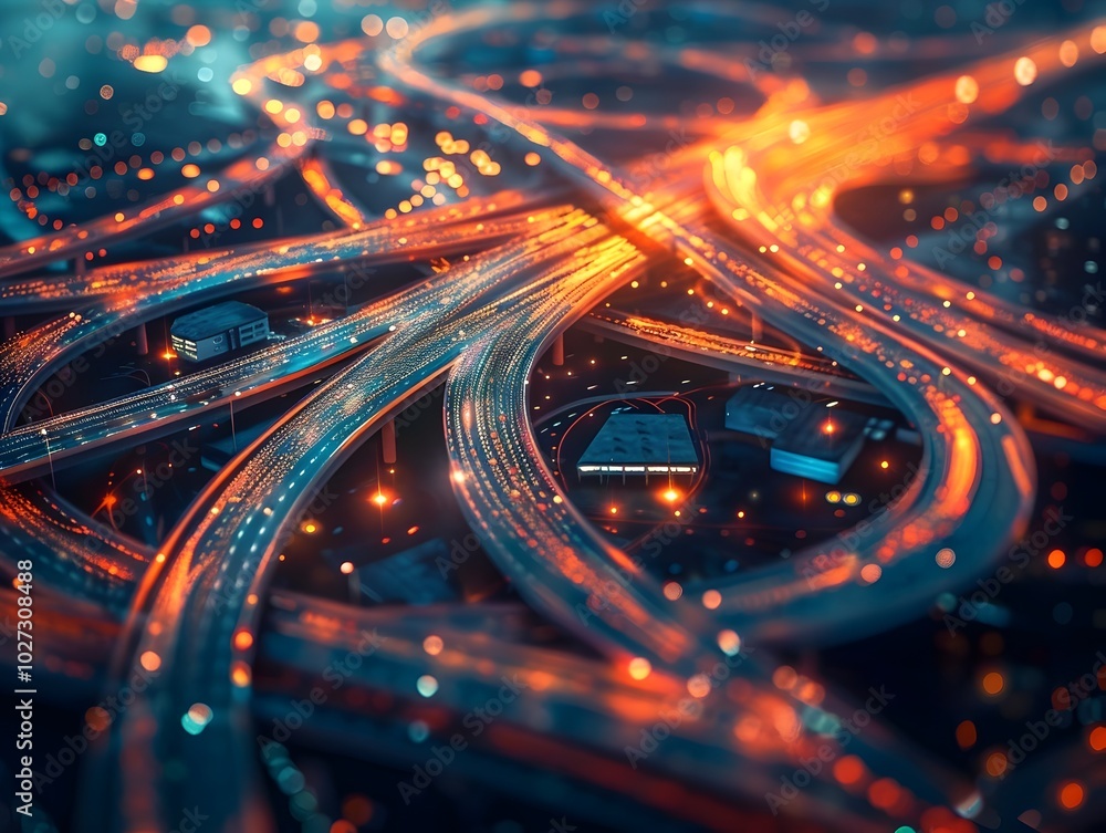 Poster glowing data streams illuminating urban infrastructure at night symbolizing the flow of information