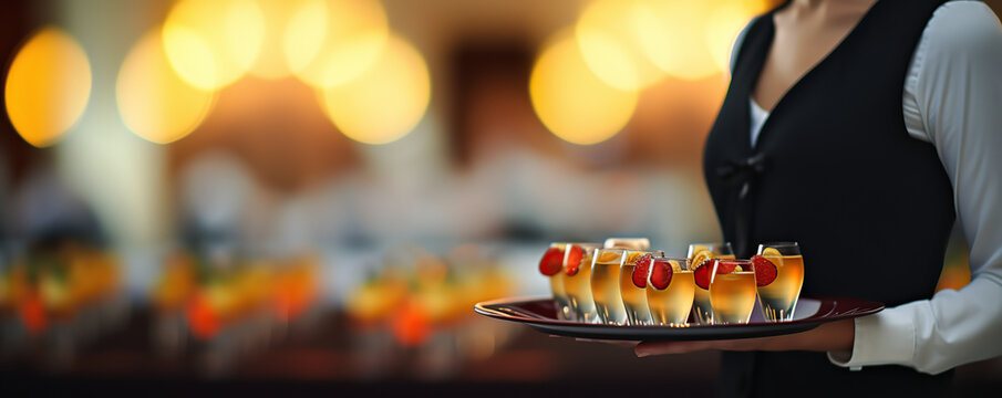 A server presents a tray of colorful cocktails garnished with cherries at a festive event in a warmly lit venue