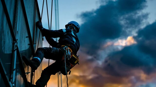 Construction worker safely rappelling down a tall building at sunset while performing maintenance tasks