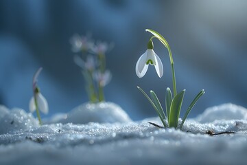 Peaceful Winter Bloom: Snowdrops Amidst Gentle Snowflakes for Nature Inspiration