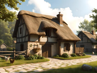 Medieval House in a Village with Animals and a Fence 