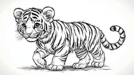 Obraz premium Black and White Tiger Cub Line Art Illustration