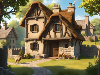 Large Medieval House with Windows in an Old Village 