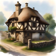Medieval house portrait with watercolor and Thatch Roof 