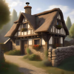 Medieval House Replica in Countryside with Fence 