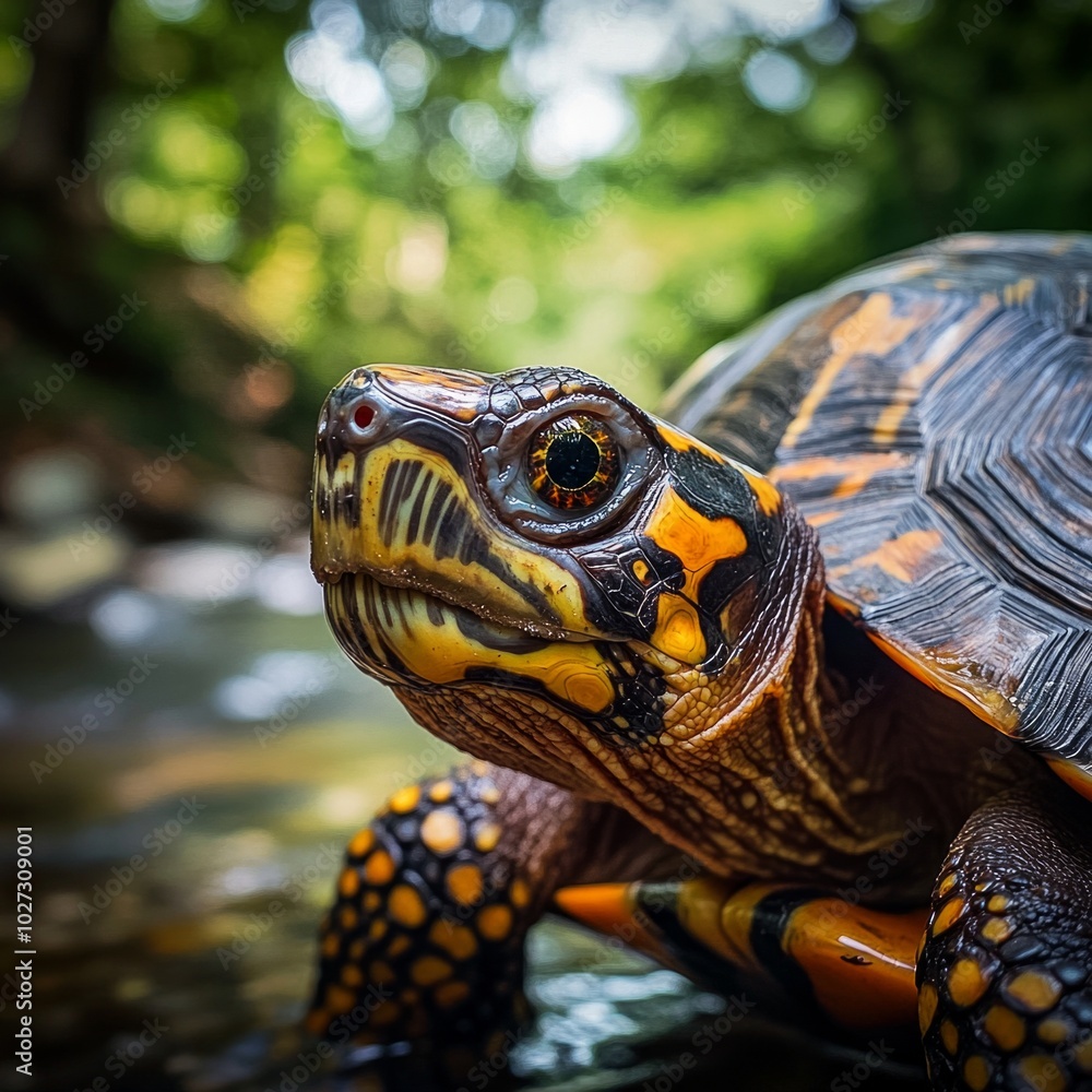 Poster a vibrant close-up of a turtle resting near a stream. the intricate patterns on its shell stand out 