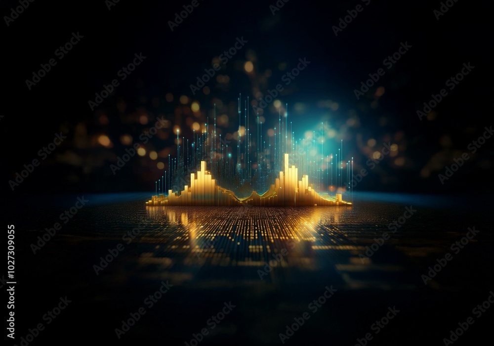 Poster A golden bar graph rising over a blue reflective surface. The background is dark with a blurry texture of warm and cool bokeh.