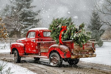 A red truck is covered in snow and has a Christmas tree on the back, generative ai image