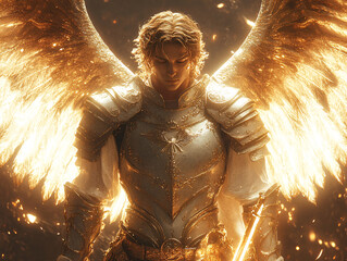 a close-up of Archangel Michael in a fantasy armor, with wings and a sword.