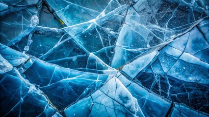 A vintage-style photograph reveals a close-up view of cracked blue ice, showcasing nature's intricate beauty and the mesmerizing patterns formed in frozen landscapes.