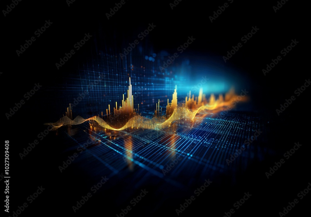 Poster A glowing orange wave rises from a grid of blue lines, depicting a dynamic data visualization.