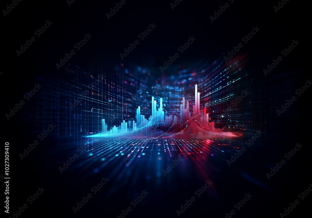 Poster Abstract digital city landscape with glowing lines and data visualization.