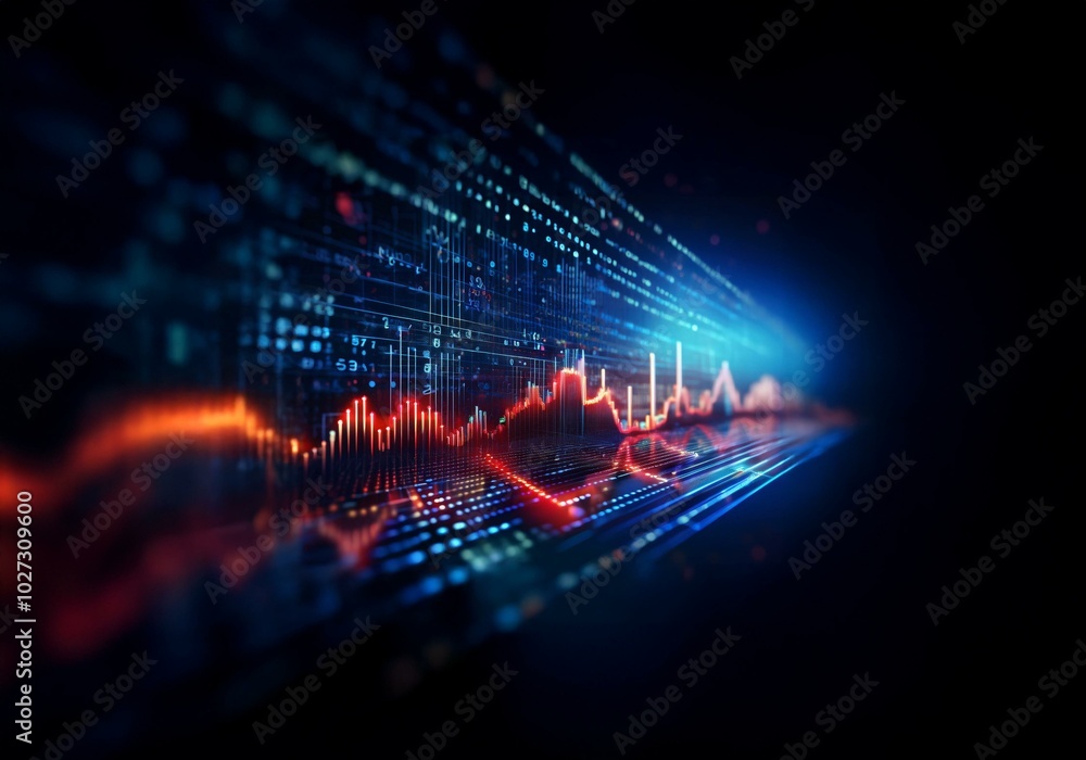 Poster Abstract digital background with red and blue lines and data points, glowing and illuminated.