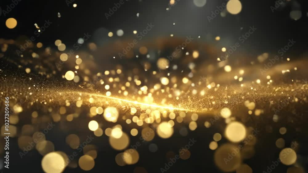 Poster captivating golden particles create a mesmerizing flow in a dark backdrop during a stunning evening 