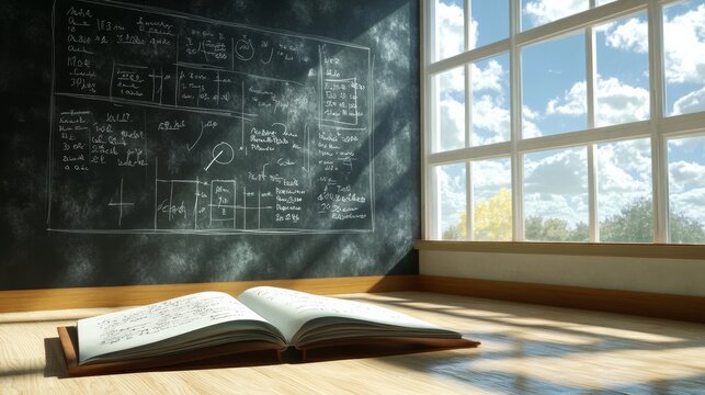 Open Book on Wooden Desk Near Window With Chalkboard Full of Equations.