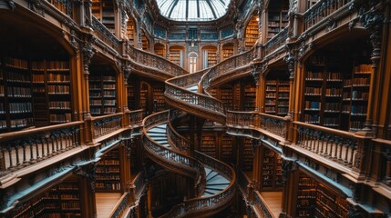 A grand, wooden spiral staircase leading up through a library filled with bookshelves