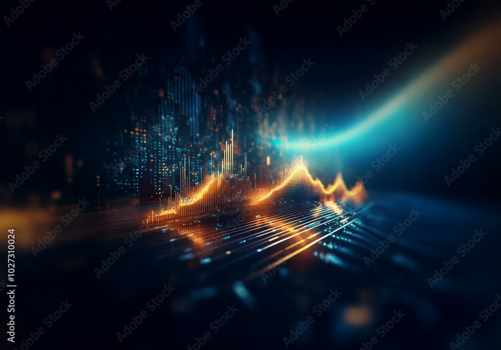 Poster Abstract digital rendering with a glowing orange line graph on a dark blue background with lines and light streaks.