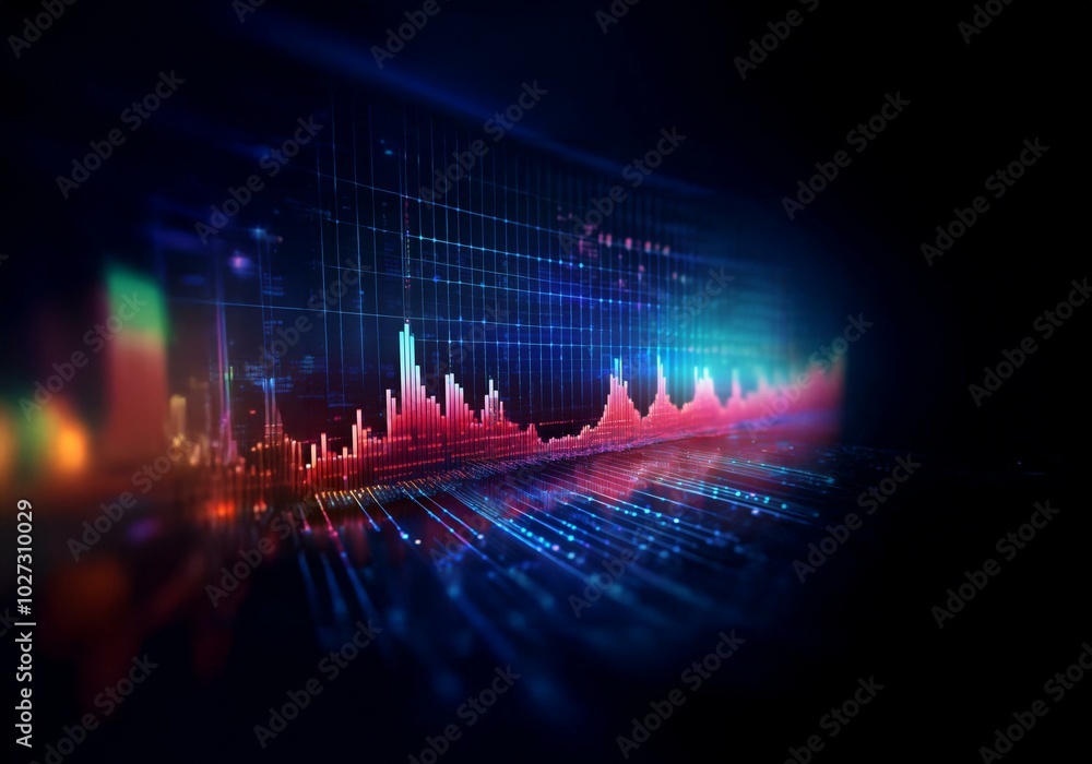 Poster a digital chart with red and blue glowing bars against a dark background.